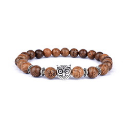 PULSERA MADERA BUHO PLATEADO