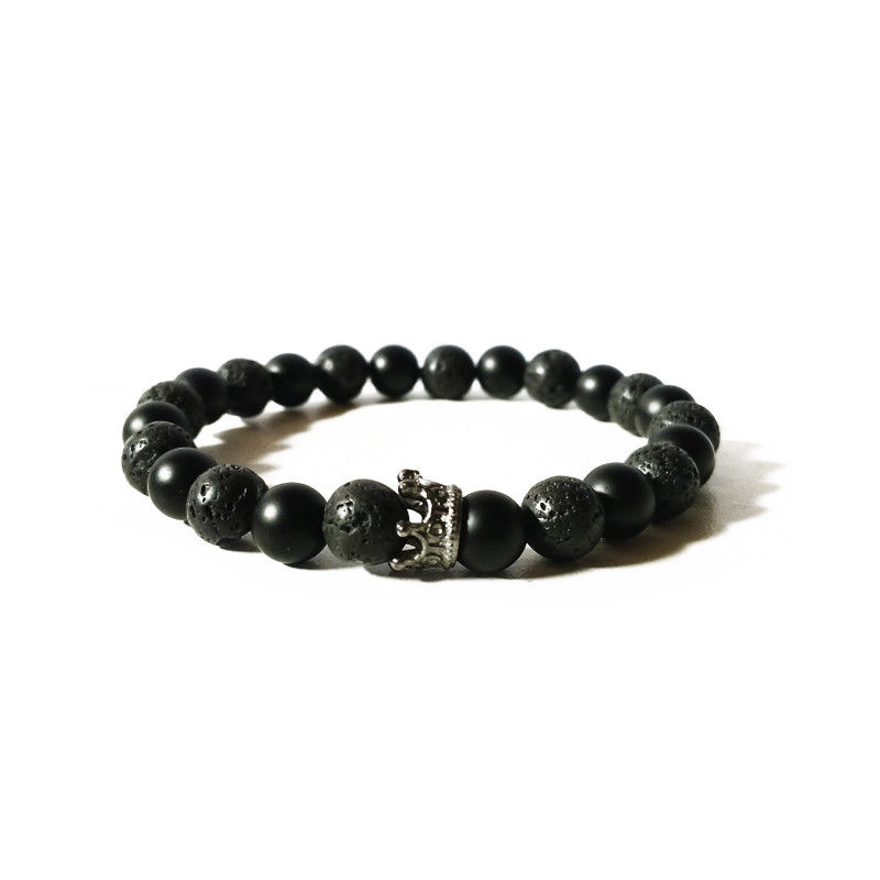 PULSERA PIEDRA LAVA ONIX NEGRO CORONA PLATEADO