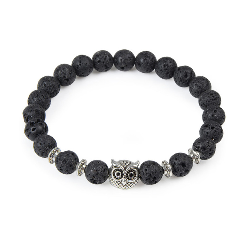 PULSERA PIEDRA LAVA NEGRA BUHO PLATEADO