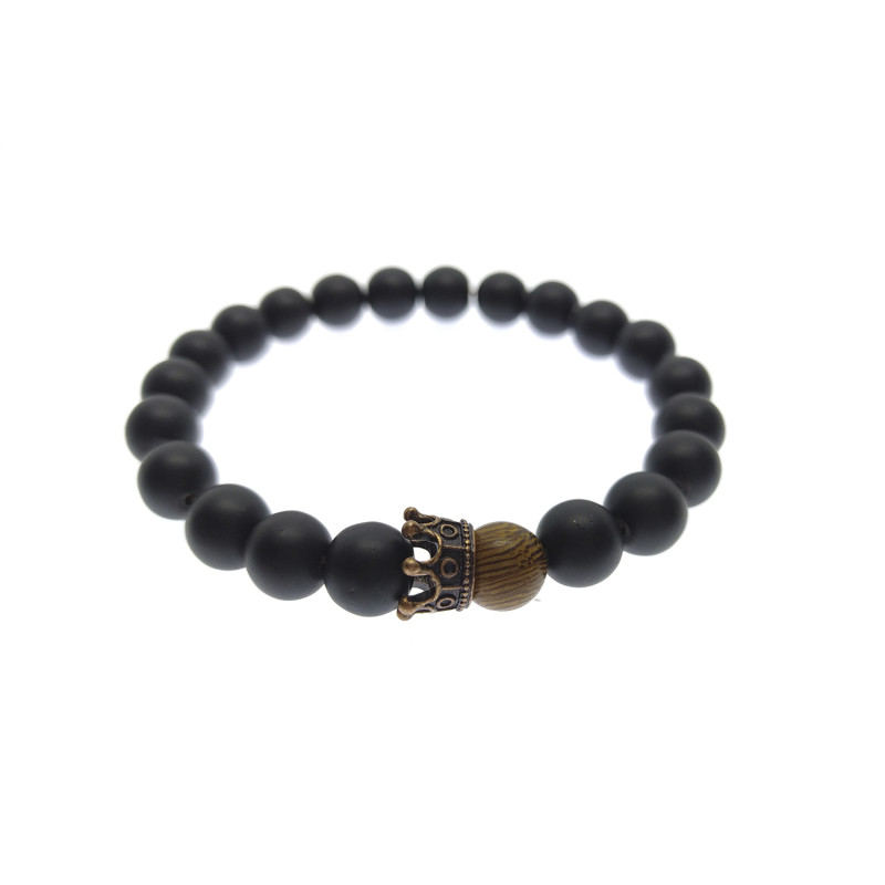 PULSERA ONIX NEGRO MADERA CORONA BRONCE