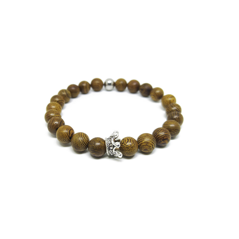 PULSERA MADERA CORONA PLATEADO