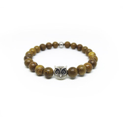 PULSERA MADERA BUHO PLATEADO