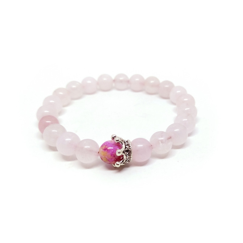PULSERA CUARZO ROSA CORONA PLATEADA