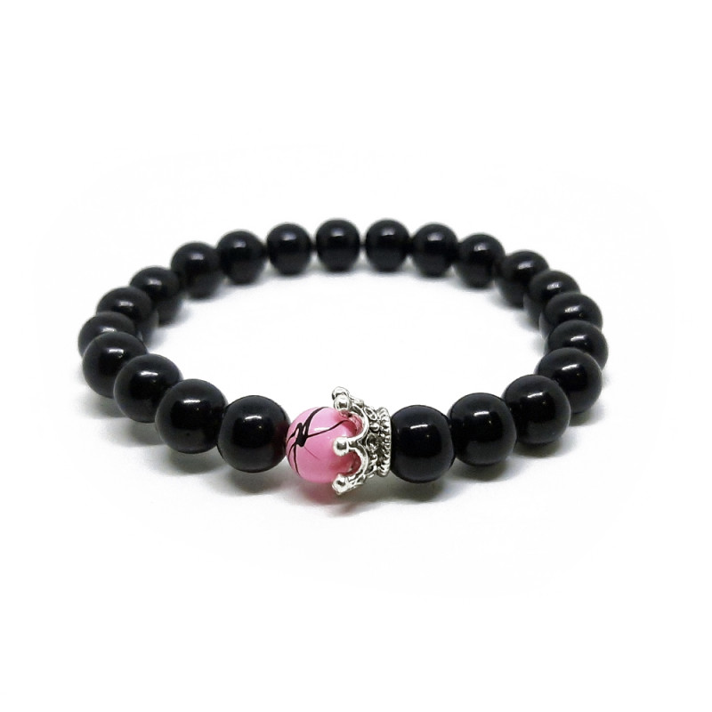 PULSERA ONIX NEGRO ROSA CORONA PLATA