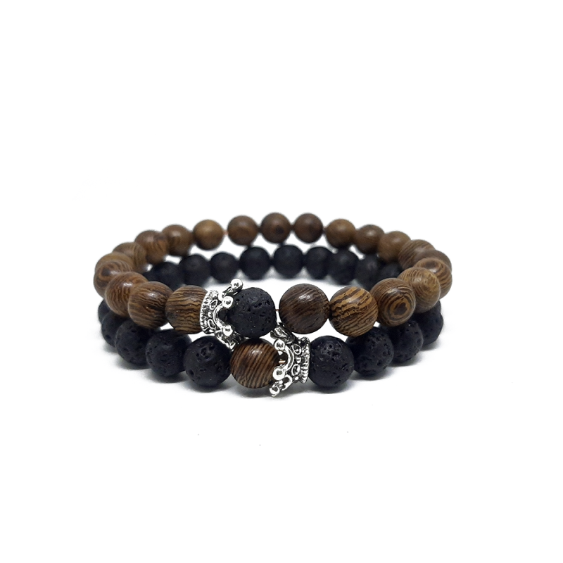 X2 PULSERAS MADERA PIEDRA LAVA CORONA PLATA