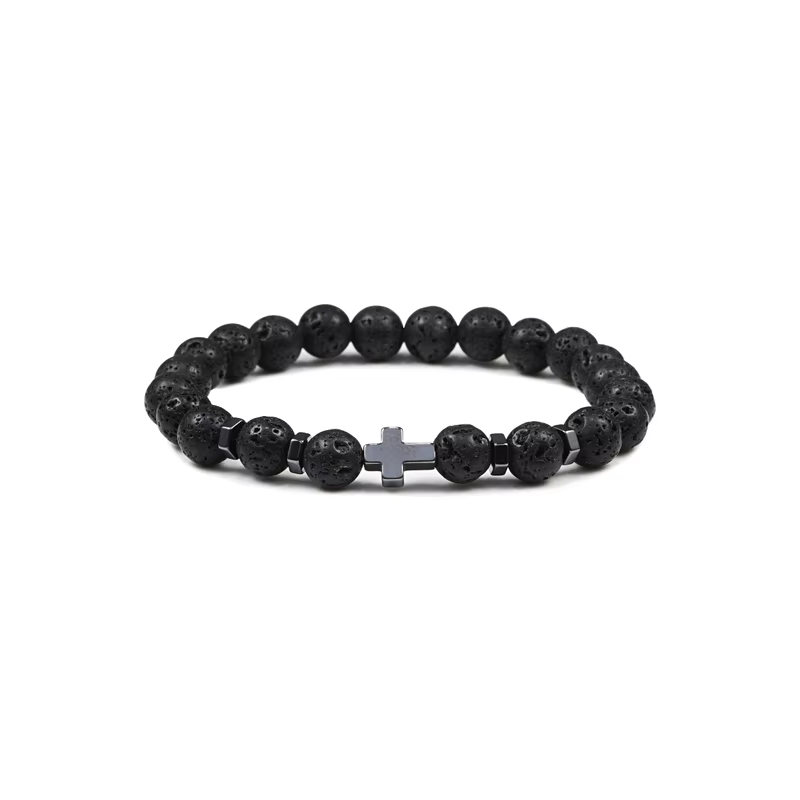 PULSERA PIEDRA LAVA CRUZ HEMATITA