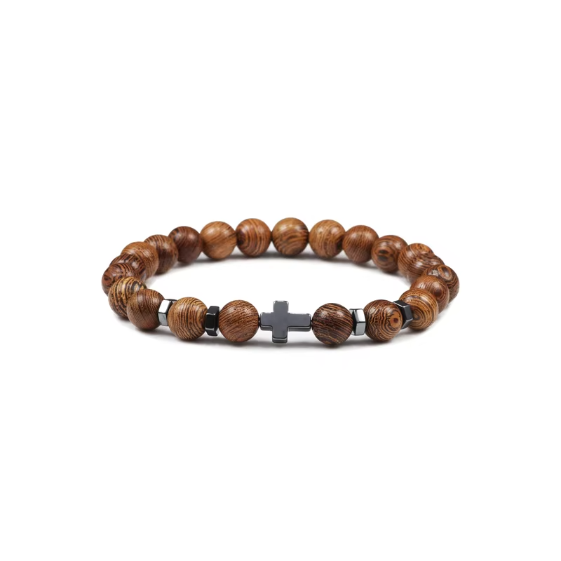 PULSERA MADERA CRUZ HEMATITA